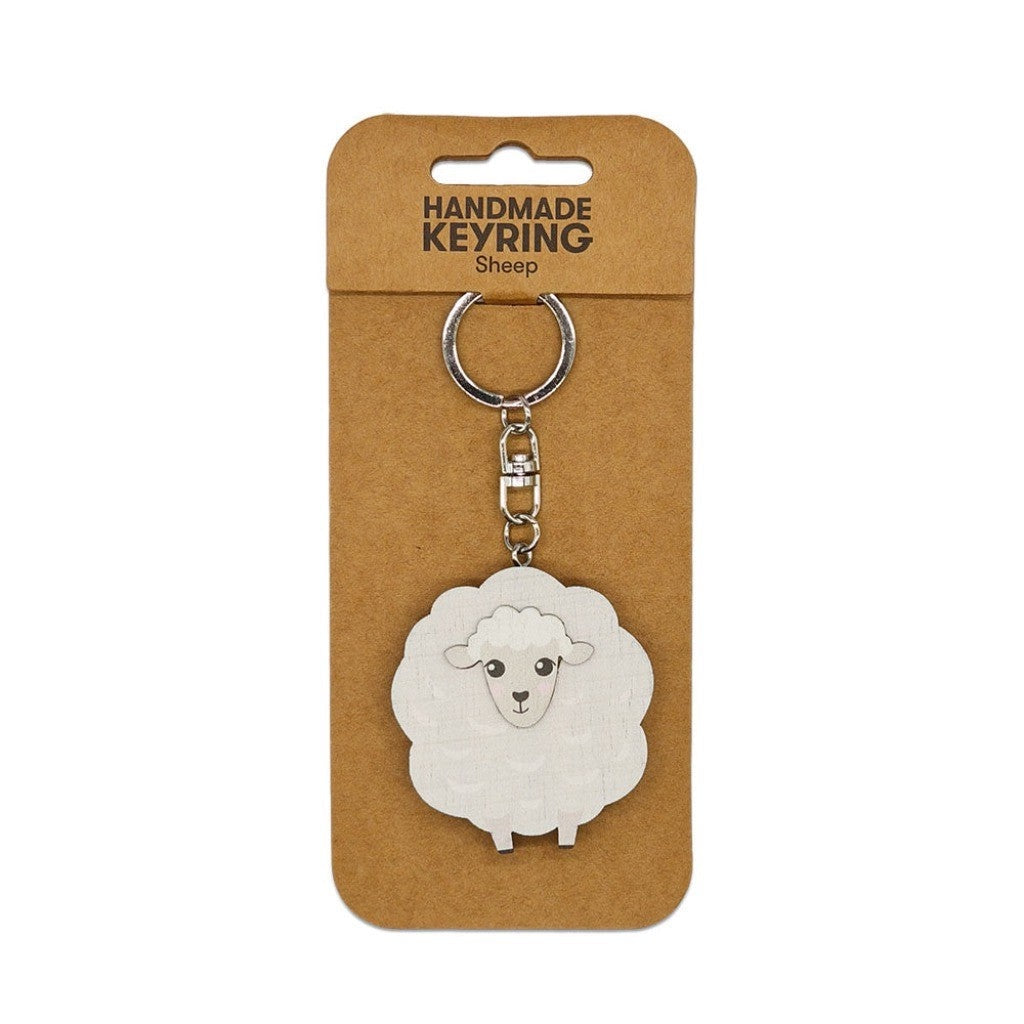 Sheep Wooden Keyring on its backing card