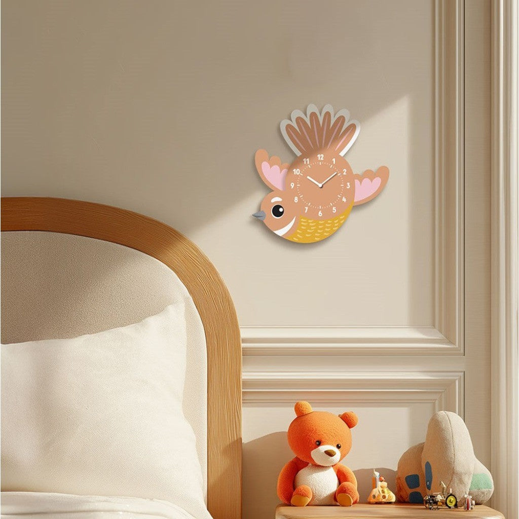 Frankie the Fantail Wobble Clock on a bedroom wall