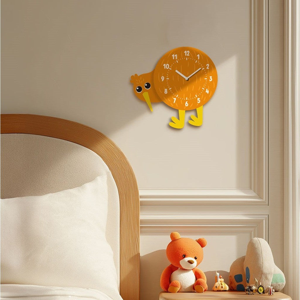 Kieran the Kiwi Wobble Clock on a bedroom wall