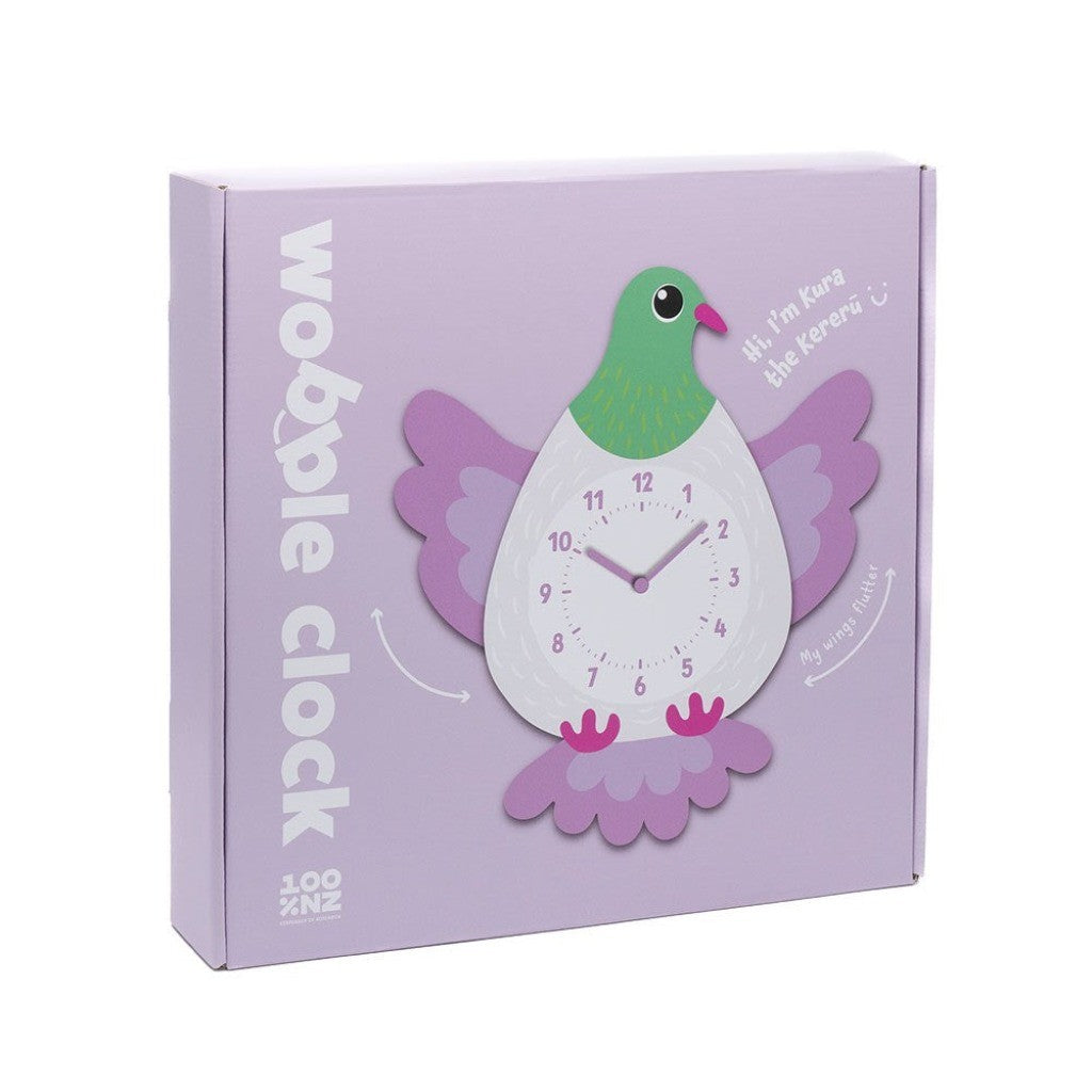 Kura the Kereru Wobble Clock in its box