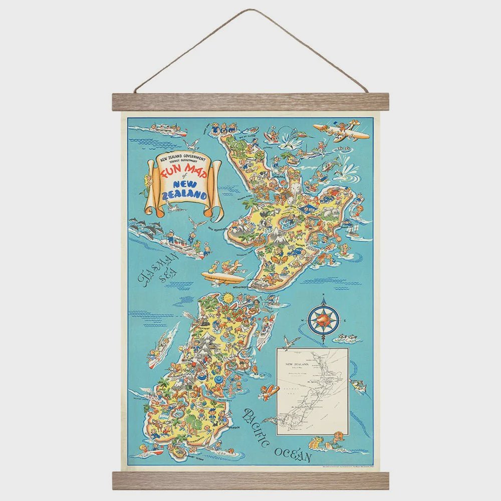 1950s Fun Map NZ Wall Chart - Cove. Beach Essentials