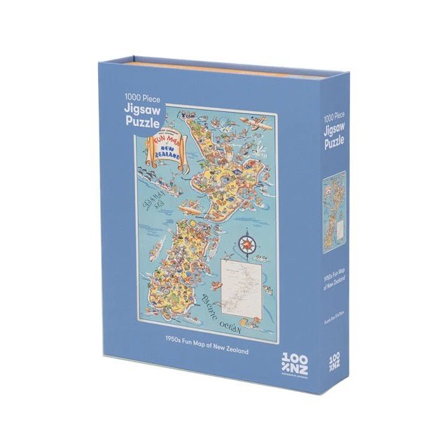 1950s Fun Map of NZ Jigsaw Puzzle 1000p - Cove. Beach Essentials