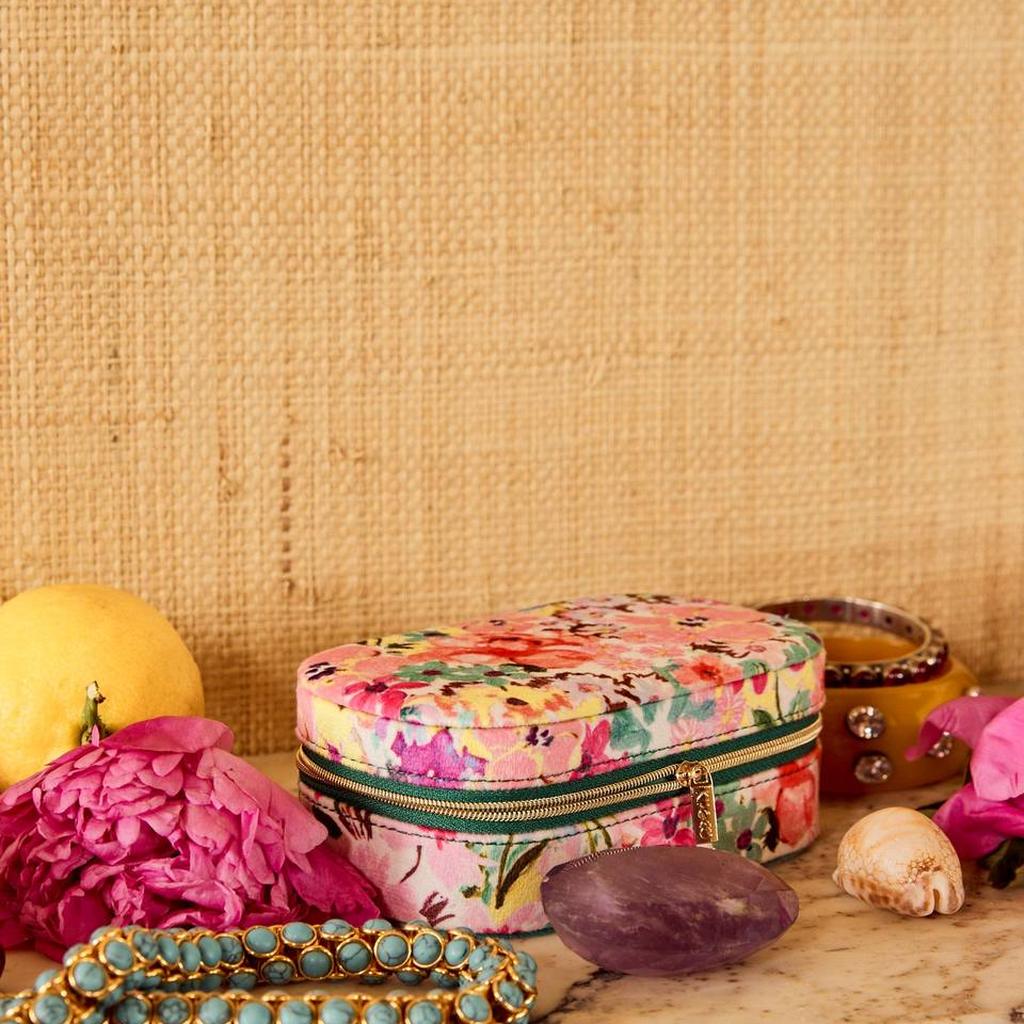 Alfresco travel jewellery box closed, bright floral velvet exterior