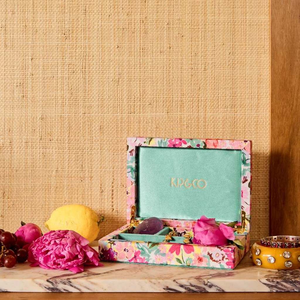 Kip & Co Alfresco small velvet jewellery box, open with teal compartments and ring rolls