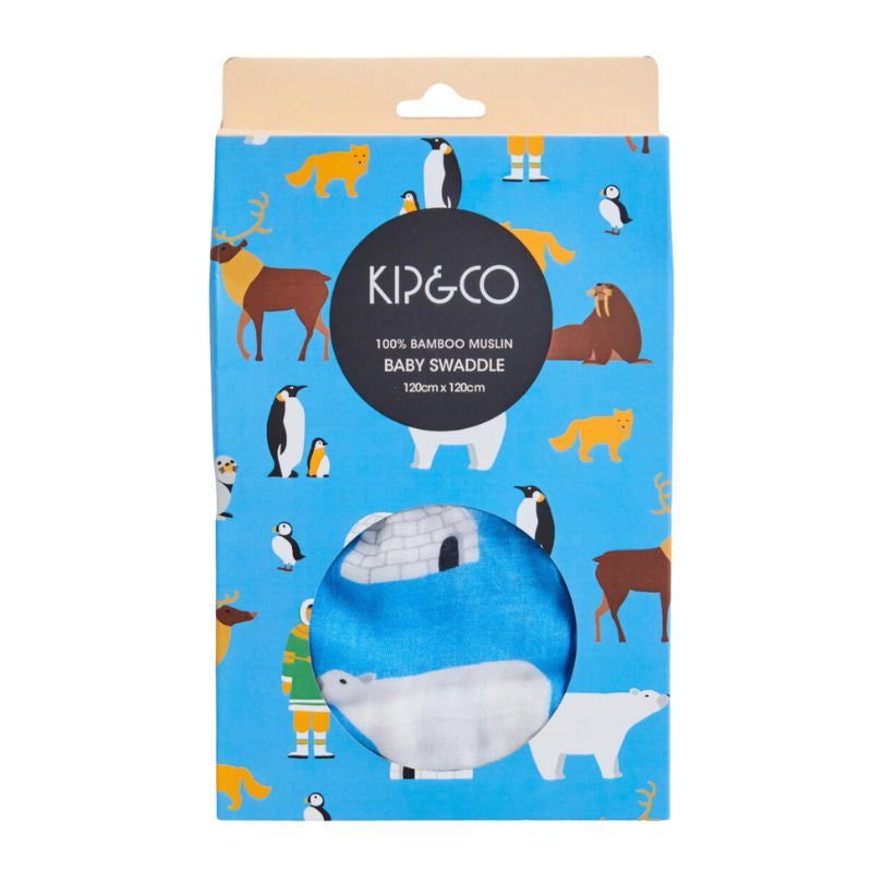 The image likely features a soft, colorful bamboo swaddle blanket from Kip & Co's Arctic Circle collection, designed to keep a baby warm and comfortable. The swaddle may be displayed in a cozy setting, highlighting its texture and vibrant design.