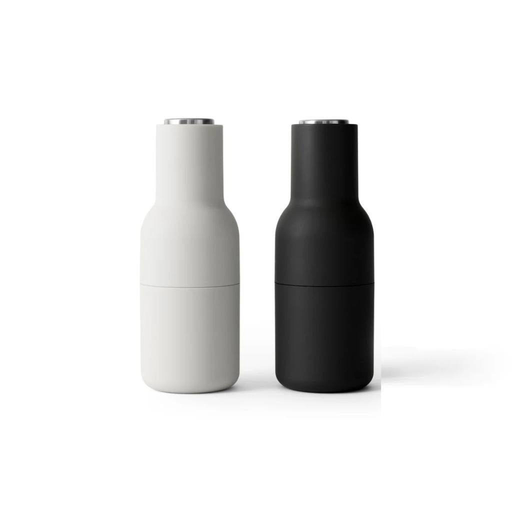 Audo CPH Bottle Grinder set in Ash and Carbon, stylish ceramic mills for spices, easy to use, clean, and refill.