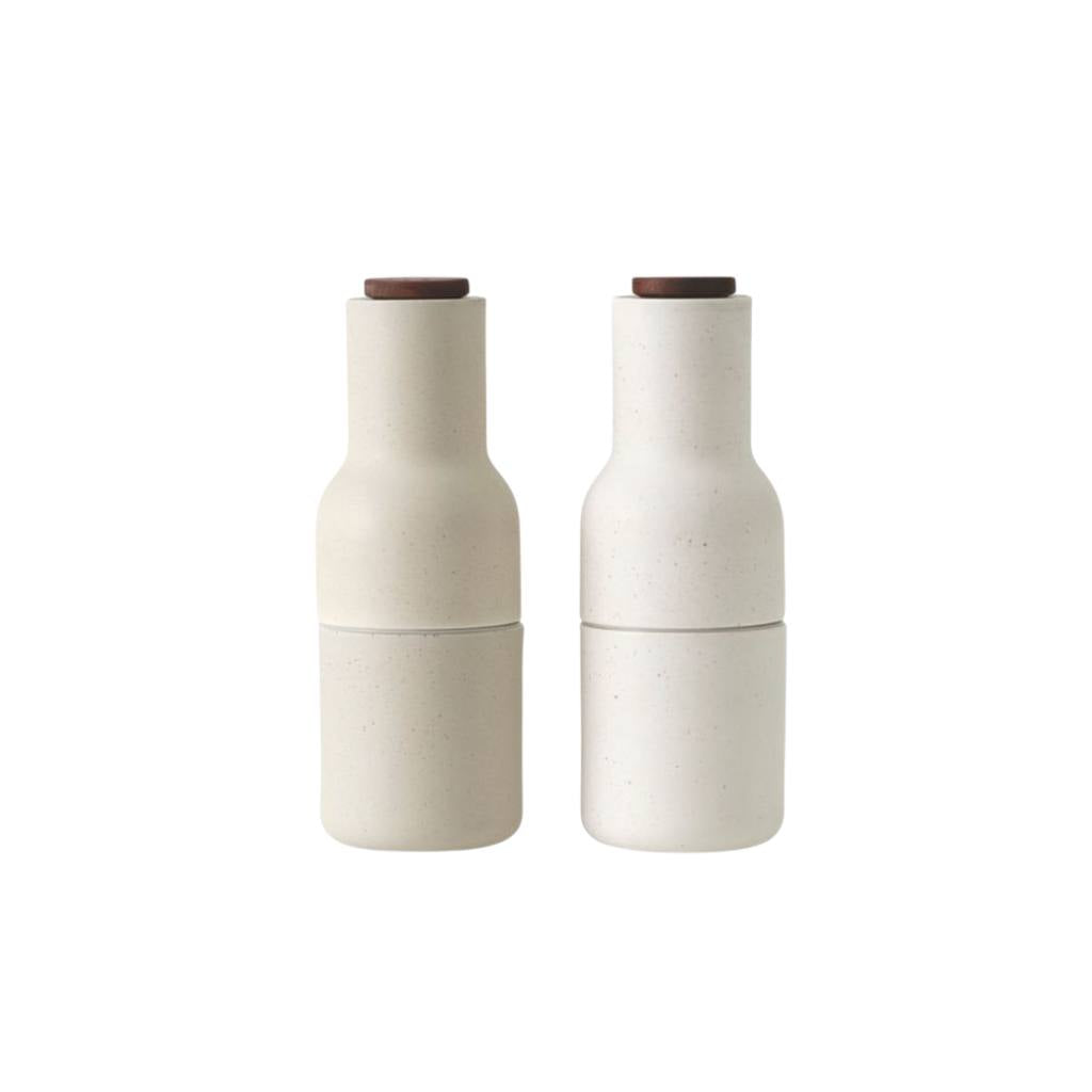 Audo Salt and Pepper Shakers: stylish ceramic grinders with walnut lids, ivory/grey matte finish, 20.5cm tall.