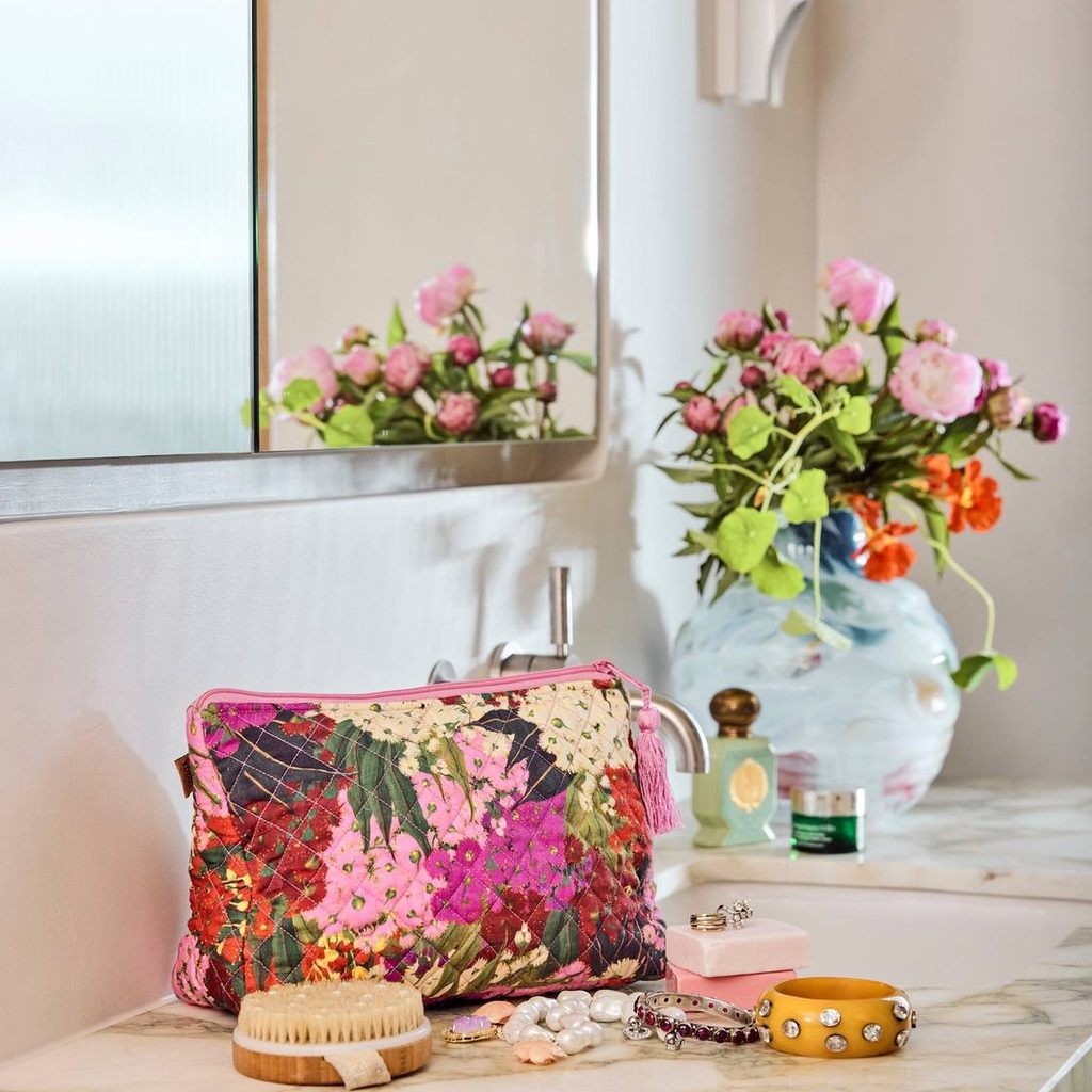 Kip & Co Australian Bush Blossom quilted cotton toiletry purse with pink tassel zip