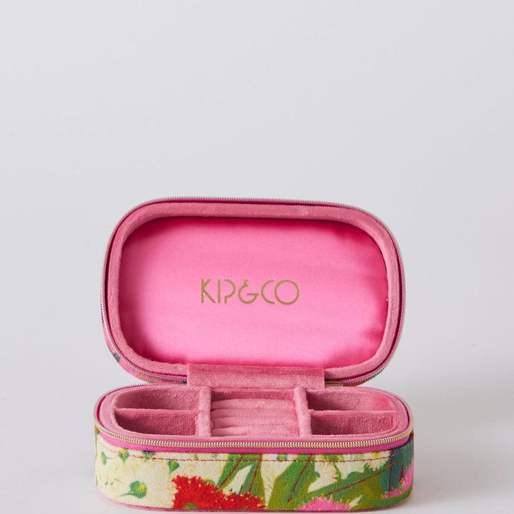 Australian Bush Blossom travel jewellery box open on grey
