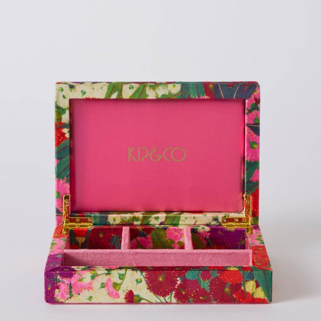 Australian Bush Blossom small jewellery box, front view on grey