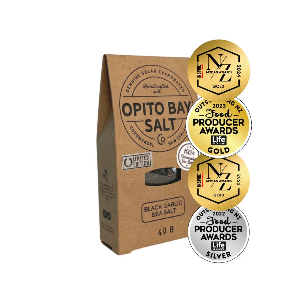 Image of Black Garlic Sea Salt in a 40g pack, priced at NZD 16.95.