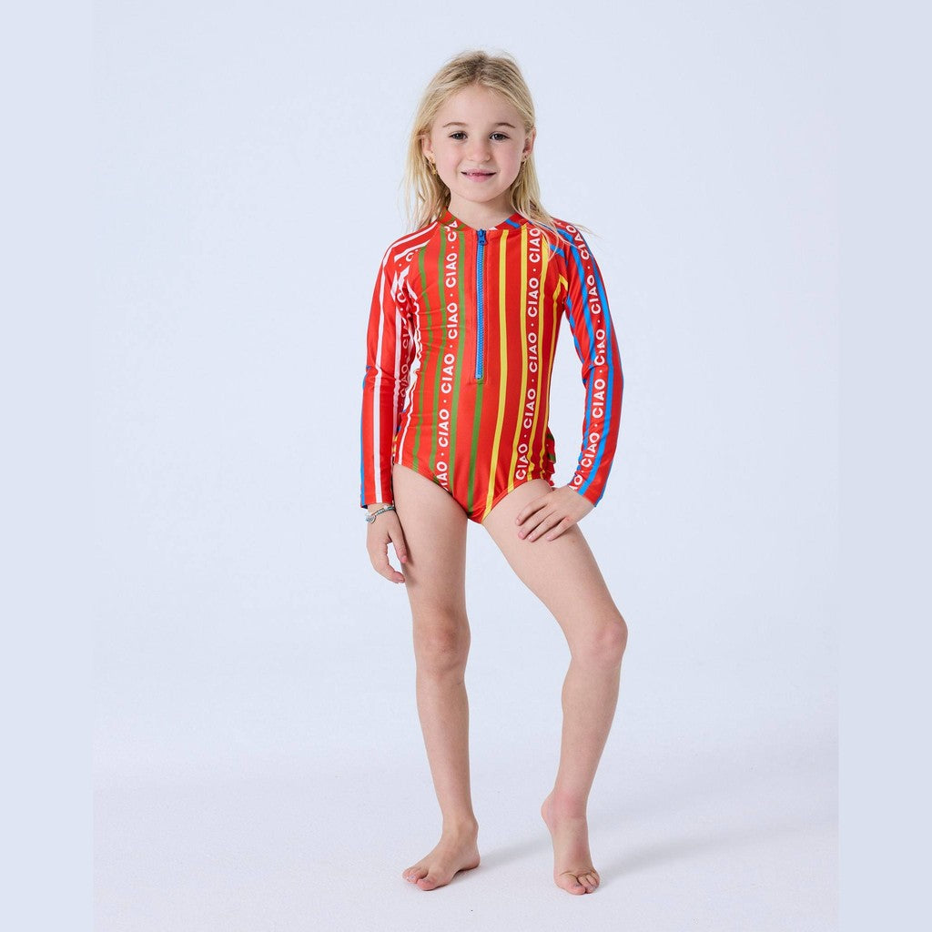 Child wearing Ciao Stripe long sleeve bathers, front view