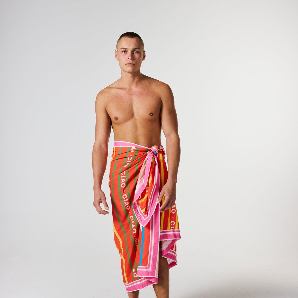 Man wearing the Ciao Stripe sarong as a wrap