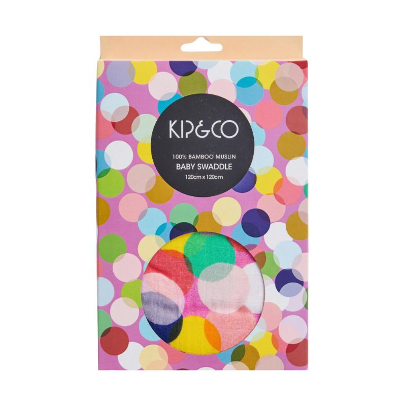 The image shows a soft and cozy Kip & Co Confetti Pink Bamboo Swaddle, perfect for wrapping up a baby. The swaddle features a delightful confetti pattern in shades of pink, adding a touch of fun and color. Made from eco-friendly bamboo fabric, it promises comfort and sustainability for your little one.