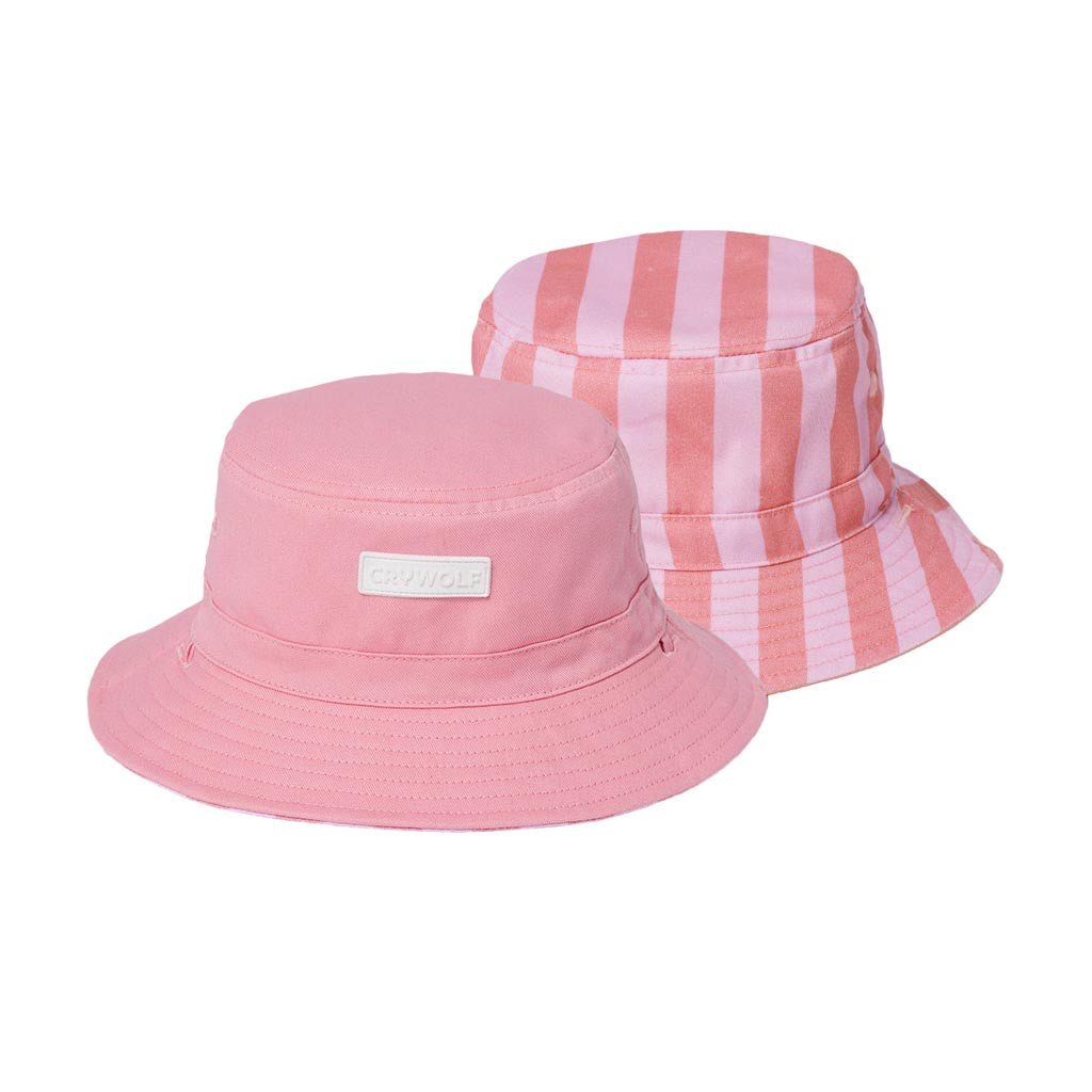 Crywolf Reversible Bucket Hat in Flamingo Stripe, kids cotton twill sun hat with chin strap