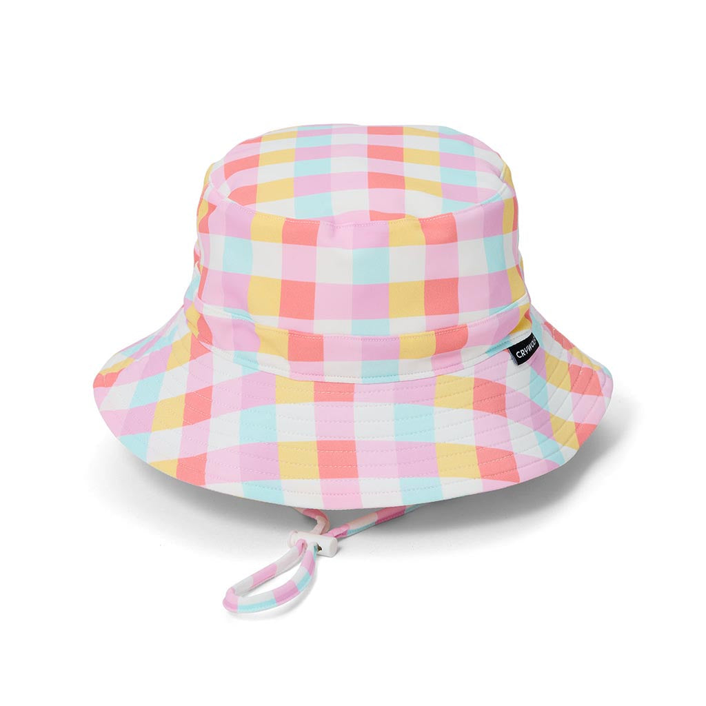 Crywolf Swim Bucket Hat in Pop Gingham, kids UPF 50+ swim hat with chin strap