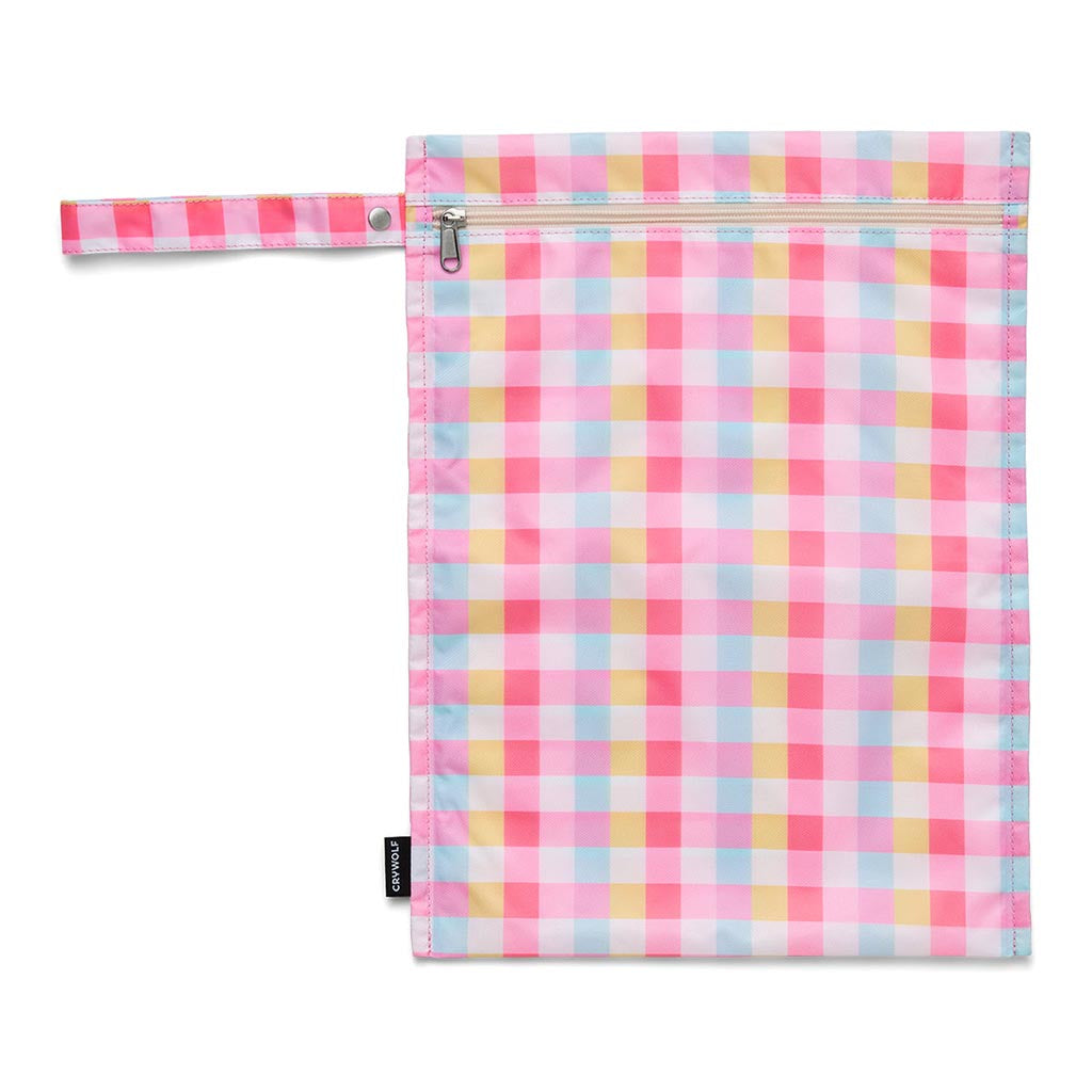 Crywolf waterproof wet bag in Pop Gingham print with zip and wrist strap