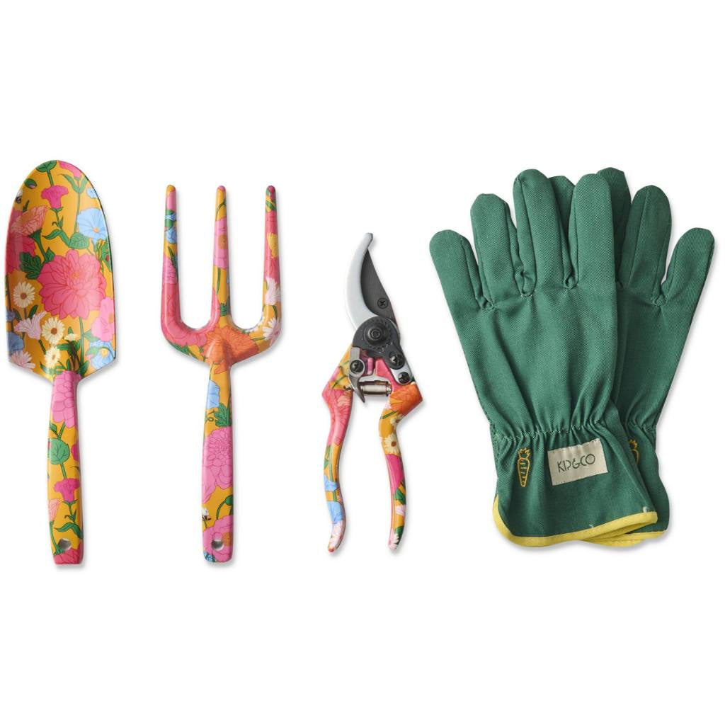 The image shows a set of yellow garden tools and gloves. The tools include a trowel, a hand fork, and a pair of pruning shears, all featuring bright yellow handles. The gloves are also yellow, with a textured grip on the palms and fingers for better handling. The tools and gloves are neatly arranged on a light-colored surface, showcasing their vibrant color and design. This set is likely intended for gardening enthusiasts who appreciate both functionality and style in their gardening equipment.