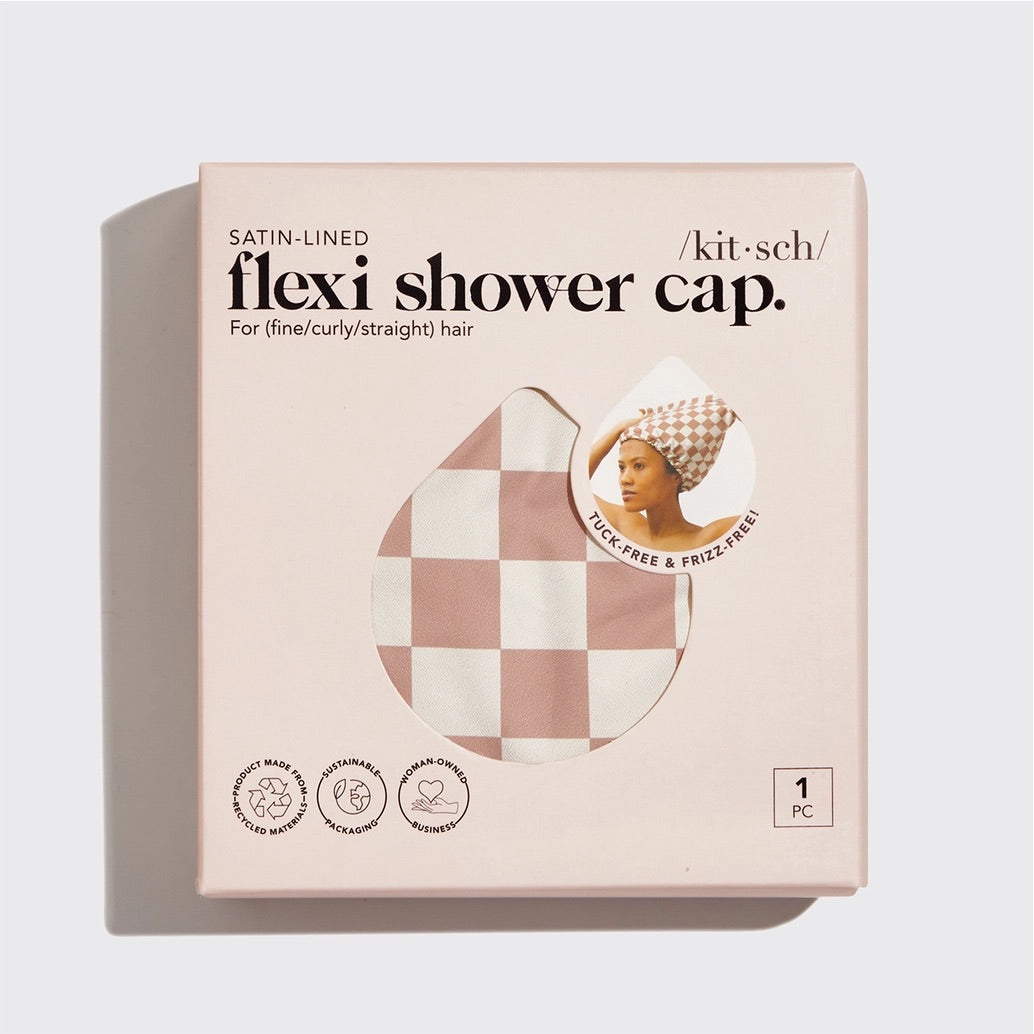 KITSCH | Satin Lined Flexi Shower Cap - Terracotta Checker