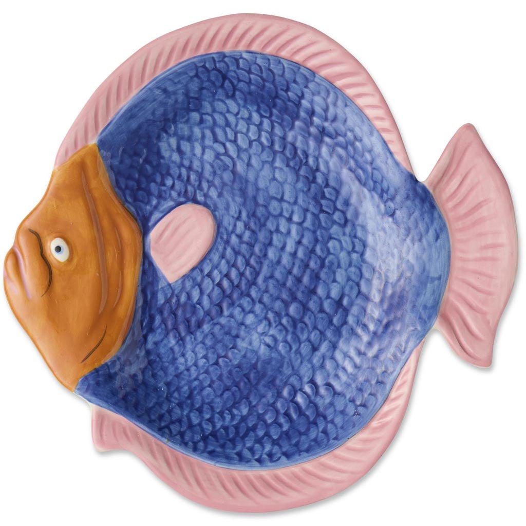 The image is of a decorative serving dish shaped like a fish. The dish is designed with vibrant colors and intricate patterns, reminiscent of a tropical or coastal theme. The body of the fish features a mix of blues, greens, and pinks, with detailed scales and fins that add texture and visual interest. The dish is likely made of ceramic or a similar material, giving it a glossy finish. This serving dish is both functional and artistic, suitable for serving food or as a decorative piece in a home.