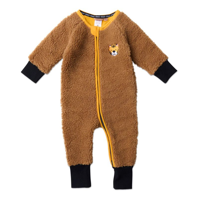 The image shows a cozy and adorable baby romper from Kip & Co, known as the Little Tiger Sherpa Romper. The romper features a playful tiger print and is made from eco-friendly materials, perfect for keeping your baby warm and snug.