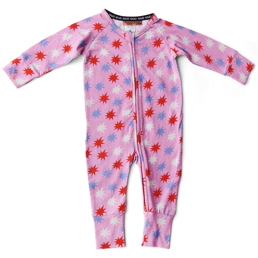 A pink long sleeve zip romper with a galaxy of colorful stars pattern for babies.