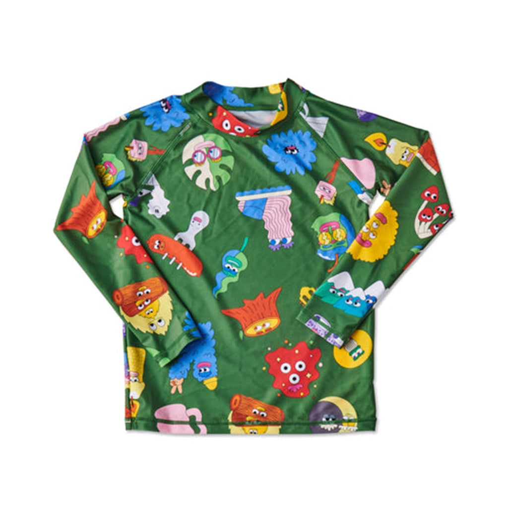 Discover the Kip & Co Nature Things Rash Vest at Cove! This eco-friendly rash vest offers UPF 50+ protection and features camping designs on a forest green background, making it an ideal choice for sun protection.