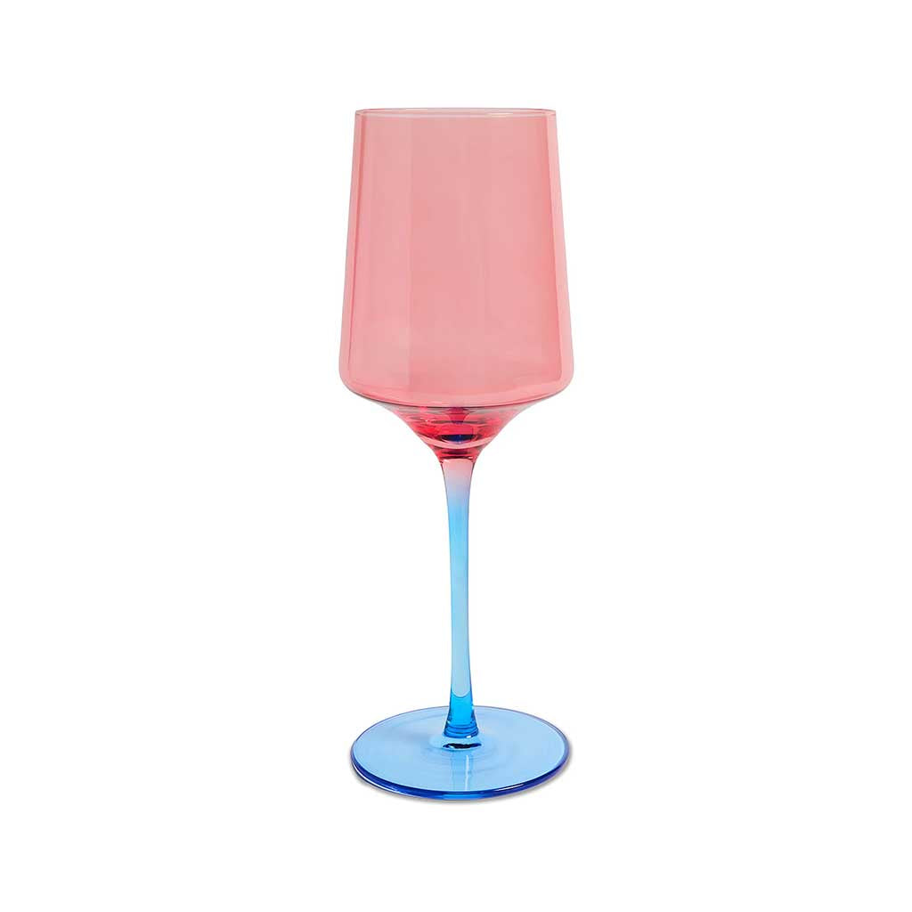 The image shows a set of two wine glasses from Kip &amp; Co, known as the Blue Robin Vino Glass 2P Set. The glasses are elegantly designed with a unique, artistic flair. They feature a blue-tinted glass with a subtle, intricate pattern that resembles the delicate feathers of a robin. The stem of each glass is slender and gracefully supports the bowl, which is slightly rounded, enhancing the overall aesthetic appeal. The glasses are placed against a simple, neutral background, highlighting their vibrant color an