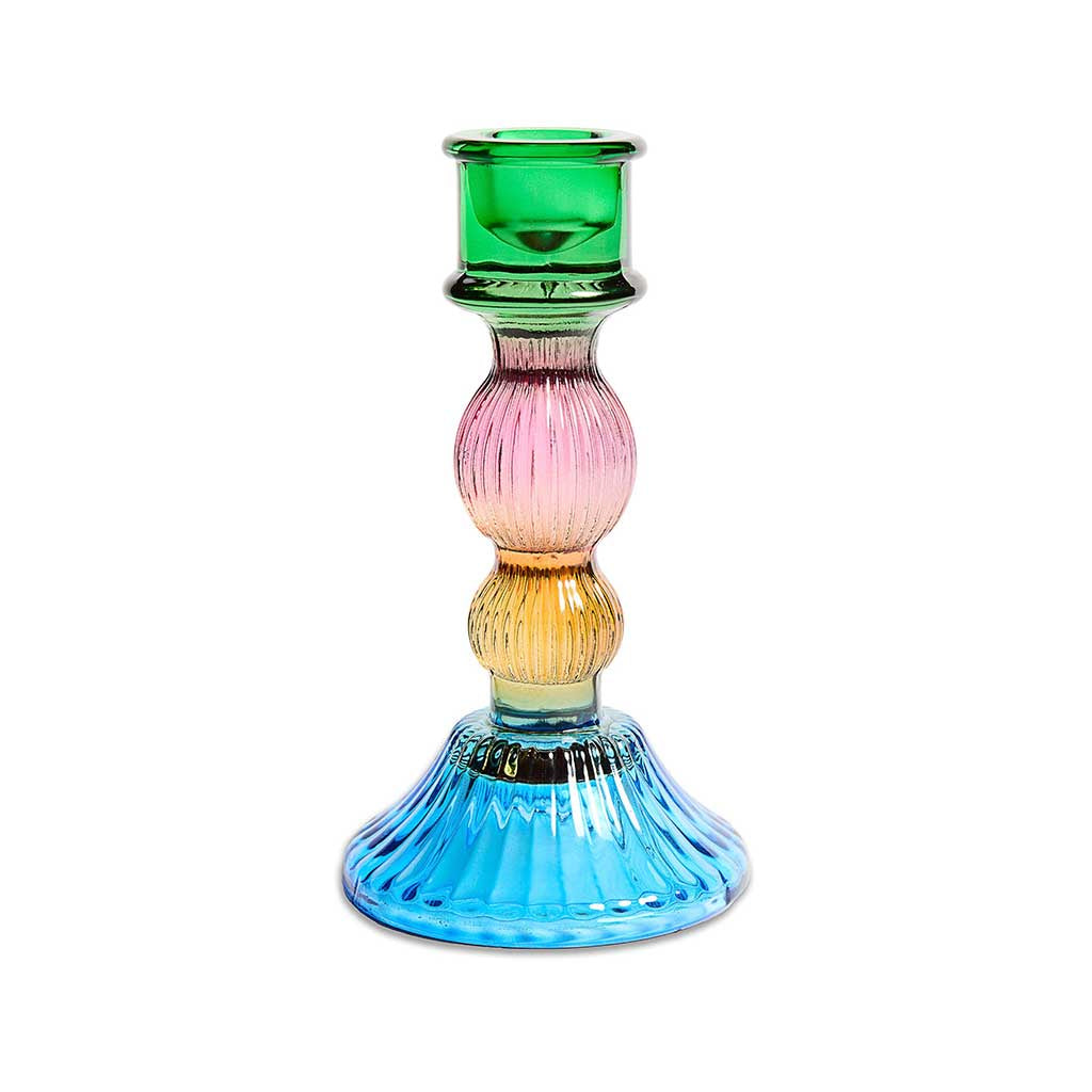 The image features a set of two colorful candlestick holders. Each holder is uniquely designed with a vibrant and playful color palette, incorporating various hues such as pink, blue, yellow, and green. The holders have a whimsical and artistic appearance, with a combination of geometric shapes and patterns that give them a modern and eclectic look. They are displayed on a plain background, allowing their vivid colors and intricate designs to stand out prominently.