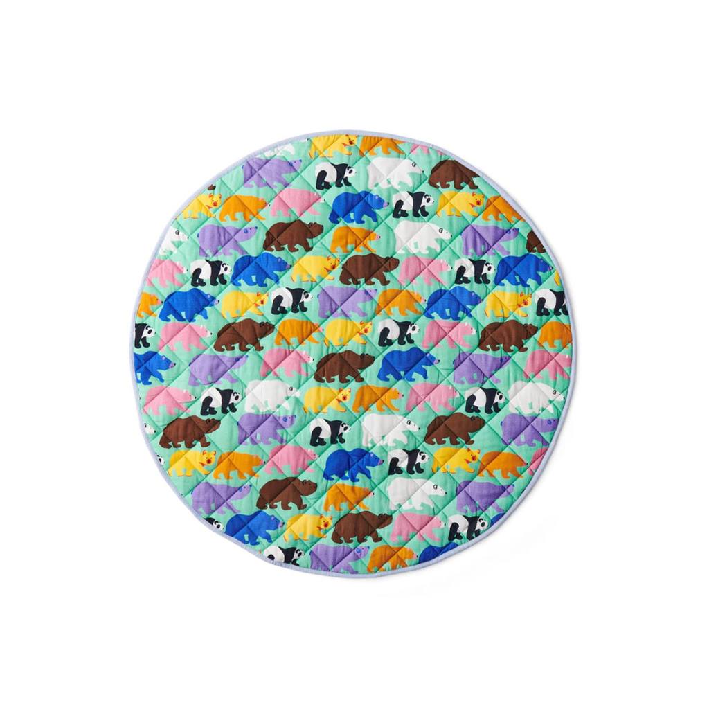 Enhance playtime with Kip & Co's Can't Bear It Play Mat at Cove. This 1-meter mat is soft, durable, and portable, featuring colorful bears on a mint green background, perfect for adding a playful touch to any space.