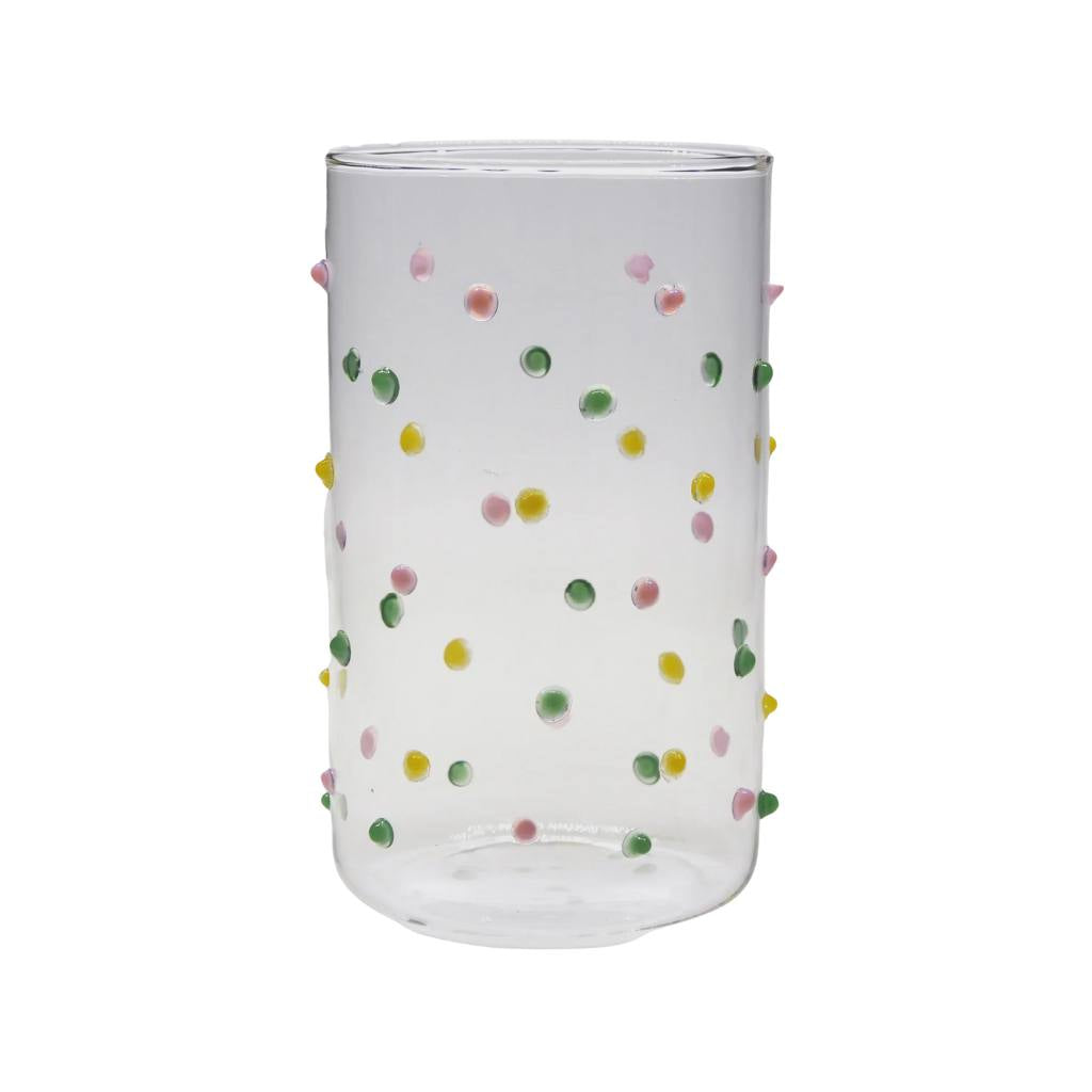 The image shows a colorful handblown vase from Kip & Co, available at Cove. The vase features a playful design with pastel polkadots scattered across its surface, resembling a "Smartie Partie" theme.