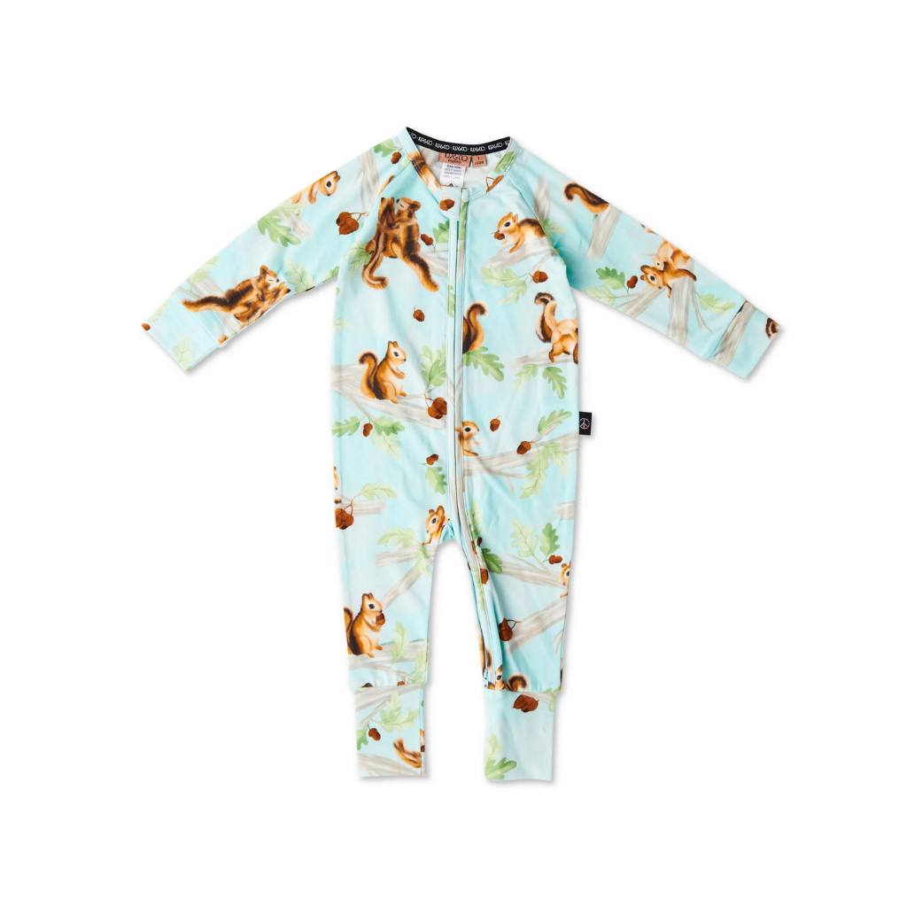 The image likely showcases Kip & Co's Squirrel Scurry Romper, highlighting its eco-friendly and cozy design. The romper may feature playful squirrel patterns and is available at Cove, emphasizing its sustainable and comfortable qualities.
