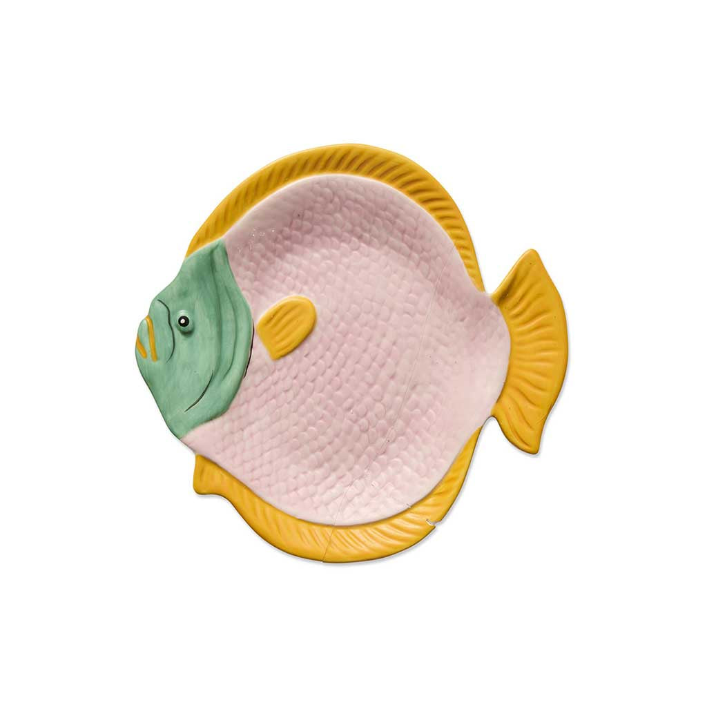 The image is of a decorative serving dish designed in the shape of a fish. The dish features a vibrant and colorful design, with a mix of coral, pink, and blue hues that mimic the natural patterns and colors found in marine life. The fish's scales are intricately detailed, adding texture and depth to the dish. The overall aesthetic is playful and artistic, making it a striking piece for serving food or as a decorative item in a home setting.