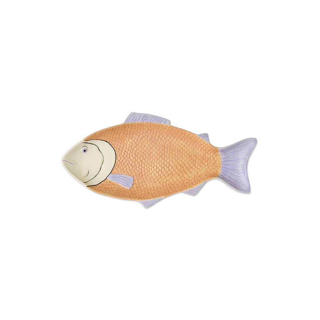 The image is of a decorative serving dish shaped like a fish. The dish is likely made of ceramic or a similar material and features a colorful design with intricate patterns. The body of the fish is adorned with vibrant hues, possibly including shades of blue, green, and other complementary colors, giving it a lively and artistic appearance. The dish is designed to be both functional and aesthetically pleasing, suitable for serving food or as a decorative piece in a home setting.