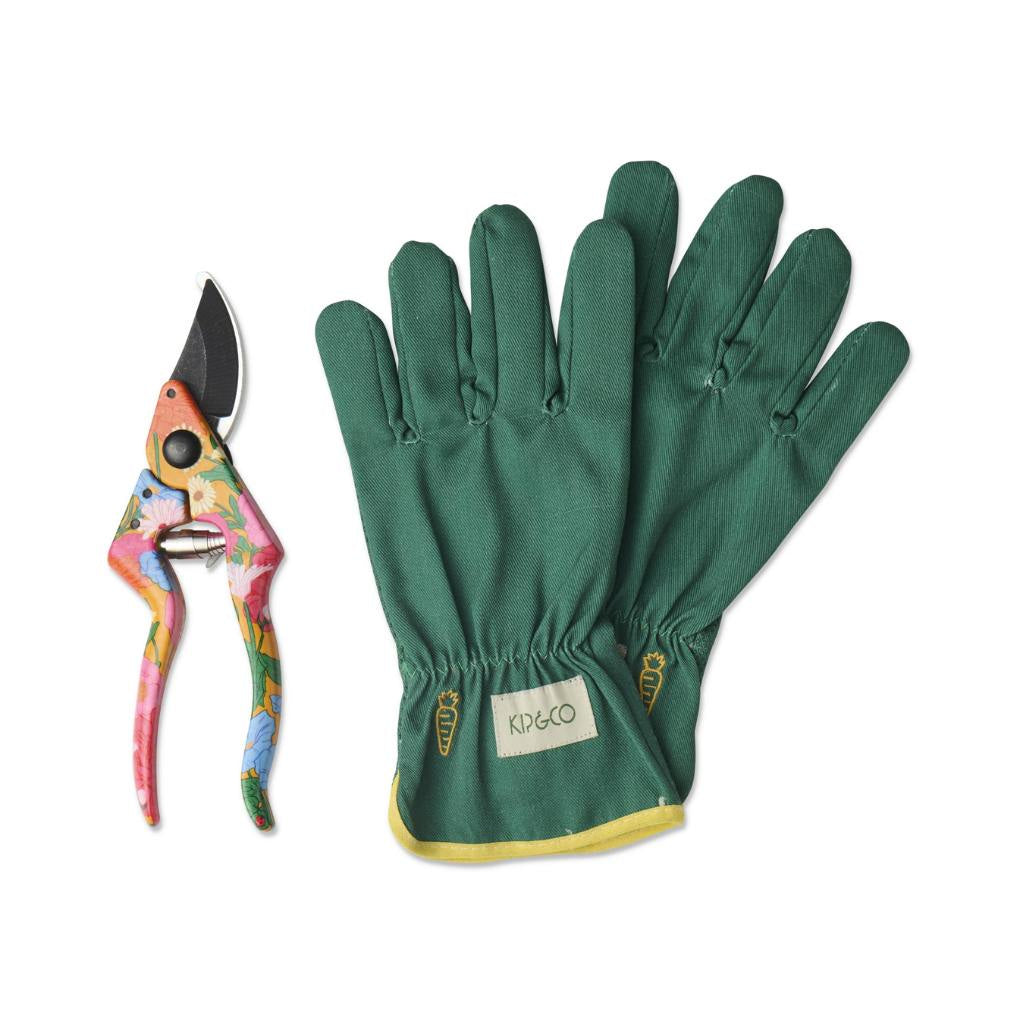 The image shows a gardening set consisting of a pair of yellow garden secateurs and matching gloves. The secateurs have a sleek design with a bright yellow handle, which is ergonomically shaped for a comfortable grip. The gloves are also yellow, featuring a durable material that appears to be suitable for gardening tasks. They have a snug fit with reinforced fingertips and a textured surface for better grip. The set is displayed on a plain background, highlighting the vibrant color and design of the tools.
