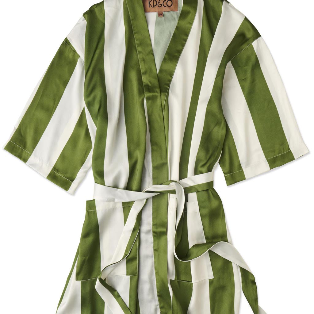 The image is of a robe made from eco-friendly satin material. The robe features a moss green color with subtle stripe patterns running vertically. It has a relaxed fit with long sleeves and a belt around the waist for closure. The fabric appears smooth and shiny, typical of satin, giving it a luxurious look. The robe is displayed on a plain background, highlighting its design and texture.