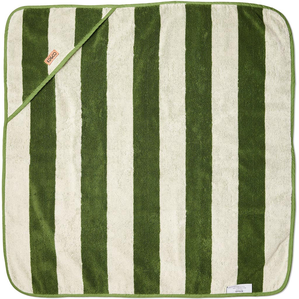 The image is of a baby towel made from terry cloth material. The towel features a striped pattern with various shades of green, resembling moss. It is designed for infants, likely soft and gentle on a baby's skin. The towel may have a hood or corner pocket to wrap around the baby's head, a common feature in baby towels for added warmth and comfort.