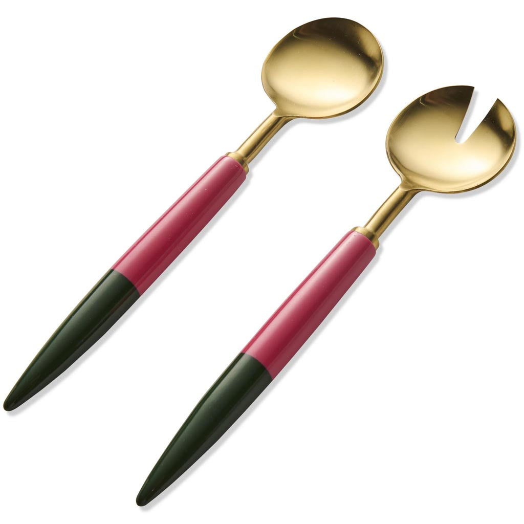 The image shows a set of salad servers, which typically includes a fork and a spoon designed for serving salads. These particular servers have a stylish and elegant design, with handles that might feature a unique pattern or color scheme, possibly inspired by Tuscan or Mediterranean aesthetics. The materials used could be metal, wood, or a combination, giving them a sophisticated and functional appearance suitable for both casual and formal dining settings.