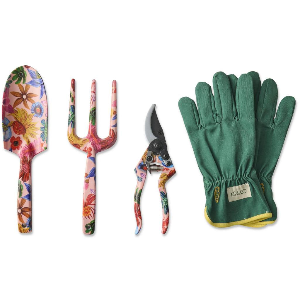 The image shows a set of garden tools and gloves with a vibrant floral design. The tools include a trowel and a hand fork, both featuring handles adorned with colorful wildflower patterns. The gloves are similarly decorated, matching the floral theme of the tools. The overall aesthetic is bright and cheerful, evoking a sense of nature and gardening. The background is plain, allowing the focus to remain on the beautifully designed garden set.