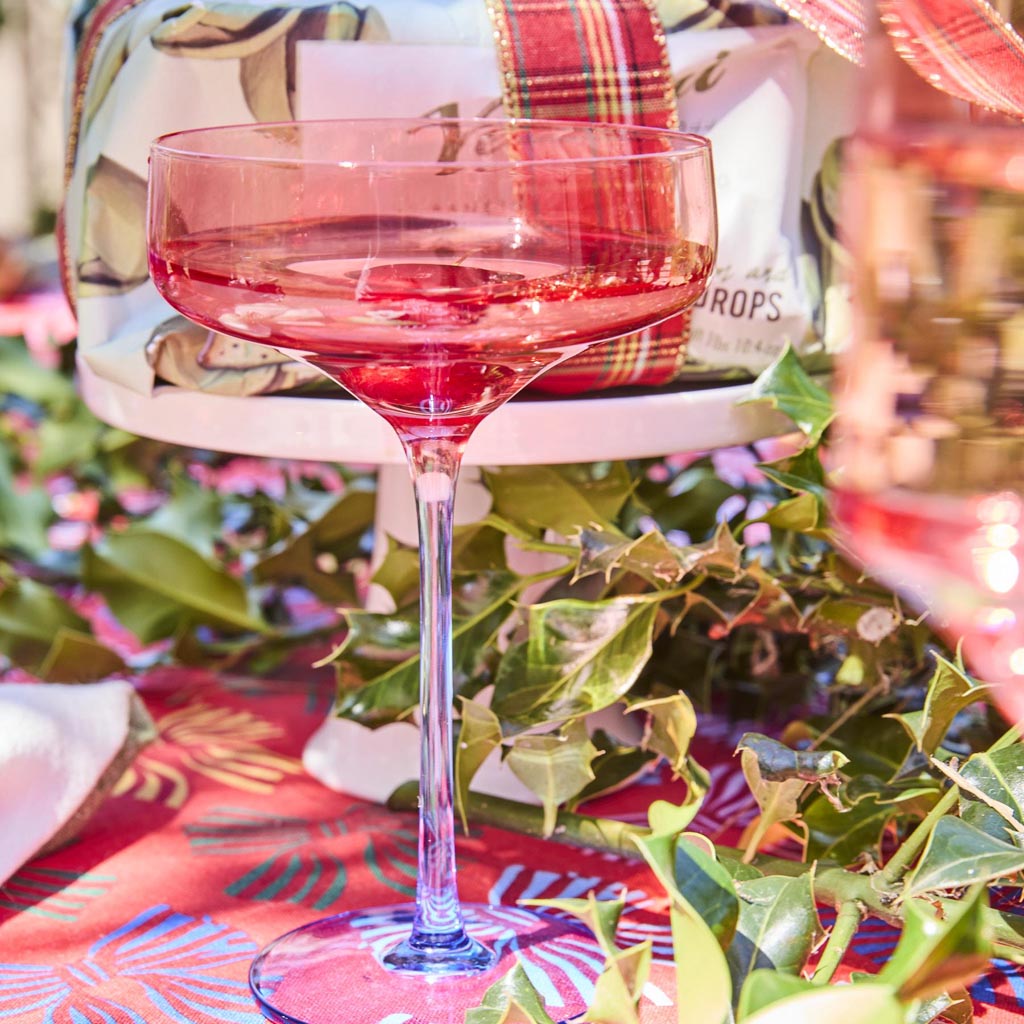 The image shows a set of two margarita glasses from Kip & Co. Each glass is uniquely designed with a blue robin motif, featuring intricate and colorful patterns that give them a vibrant and artistic appearance. The glasses are likely displayed on a neutral background to highlight their design and craftsmanship.