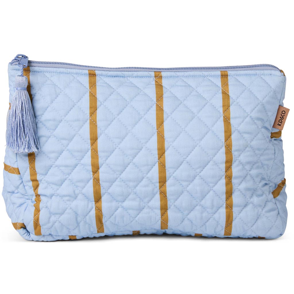 A colorful quilted cotton toiletry purse is displayed against a plain white background. The purse features a vibrant striped pattern with a mix of colors including pink, orange, yellow, green, and blue. It has a rectangular shape with a zipper closure at the top, and the quilted texture adds a sense of depth and dimension to the fabric. The overall design is playful and eye-catching, making it a stylish accessory for organizing toiletries.