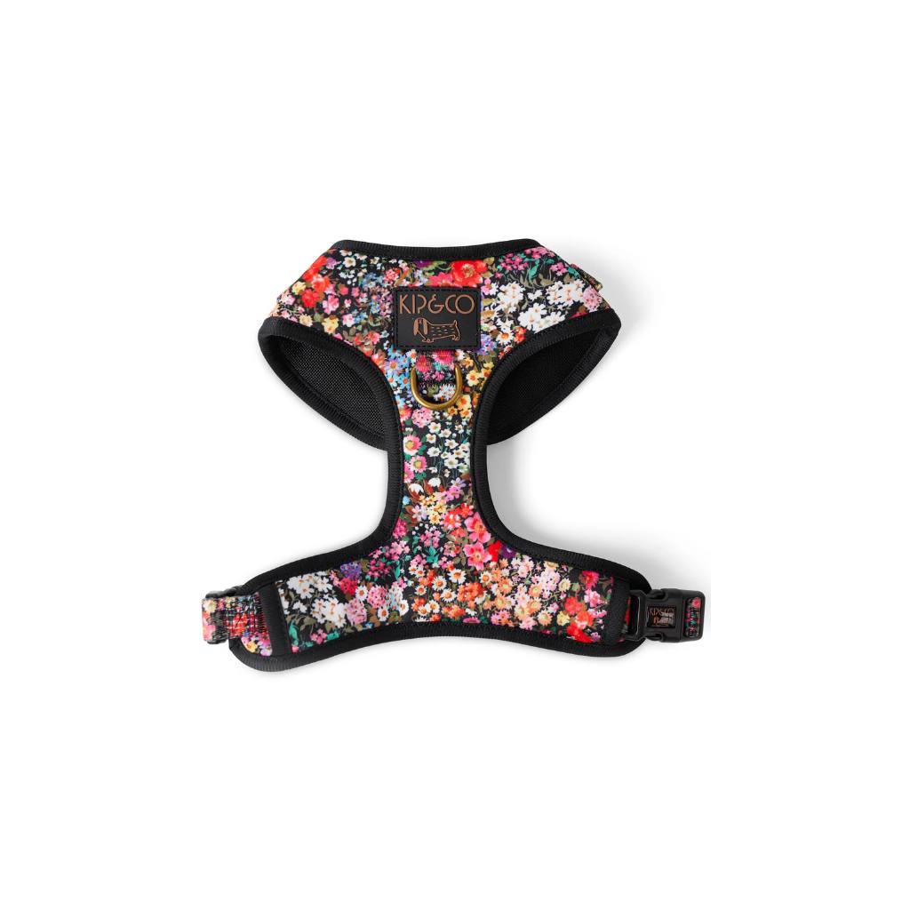 Upgrade your pup&#39;s look with Kip &amp; Co&#39;s Floral Black Harness at Cove. This eco-friendly harness features a stylish floral design on a black background, perfect for adding a touch of elegance to your dog&#39;s attire.