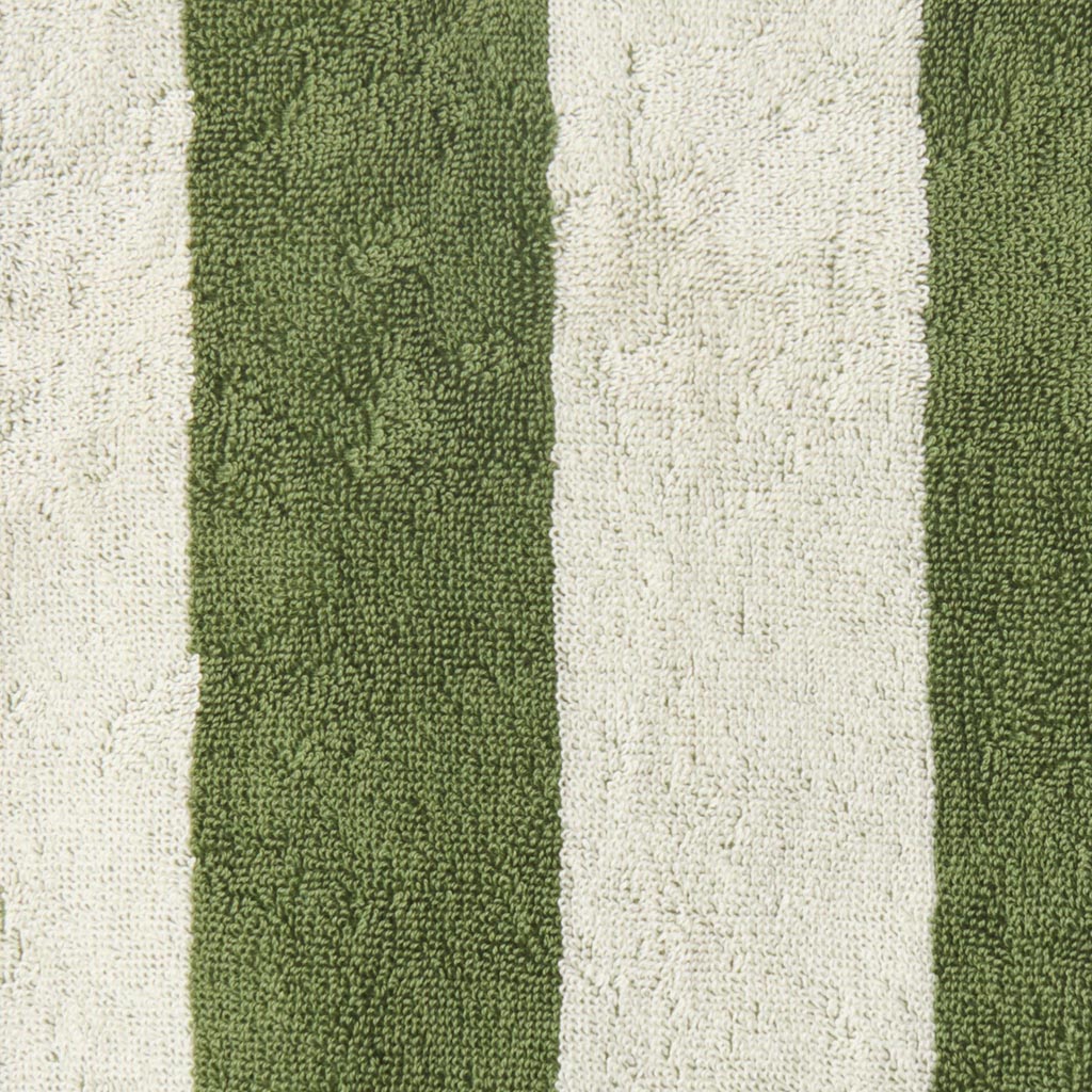 The image is of a bathrobe made from terry cloth material. The robe features a striped pattern with various shades of green, resembling moss. It has a classic design with a shawl collar, long sleeves, and a belt for tying around the waist. The texture appears soft and plush, typical of terry cloth, which is known for its absorbency and comfort. The robe is displayed against a plain background, highlighting its design and color.