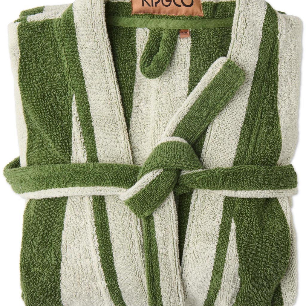 The image is of a bathrobe made from terry cloth material. It features a striped pattern with various shades of green, resembling moss. The robe has a classic design with a shawl collar, long sleeves, and a belt for tying around the waist. The texture appears soft and plush, typical of terry cloth, which is known for its absorbency and comfort. The robe is displayed against a plain background, highlighting its design and colors.