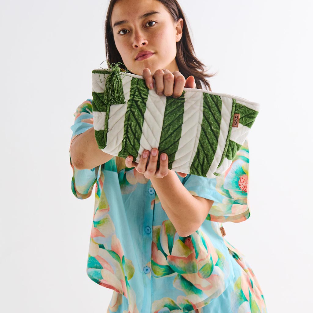Kip & Co | Moss Stripe Velvet Toiletry Bag