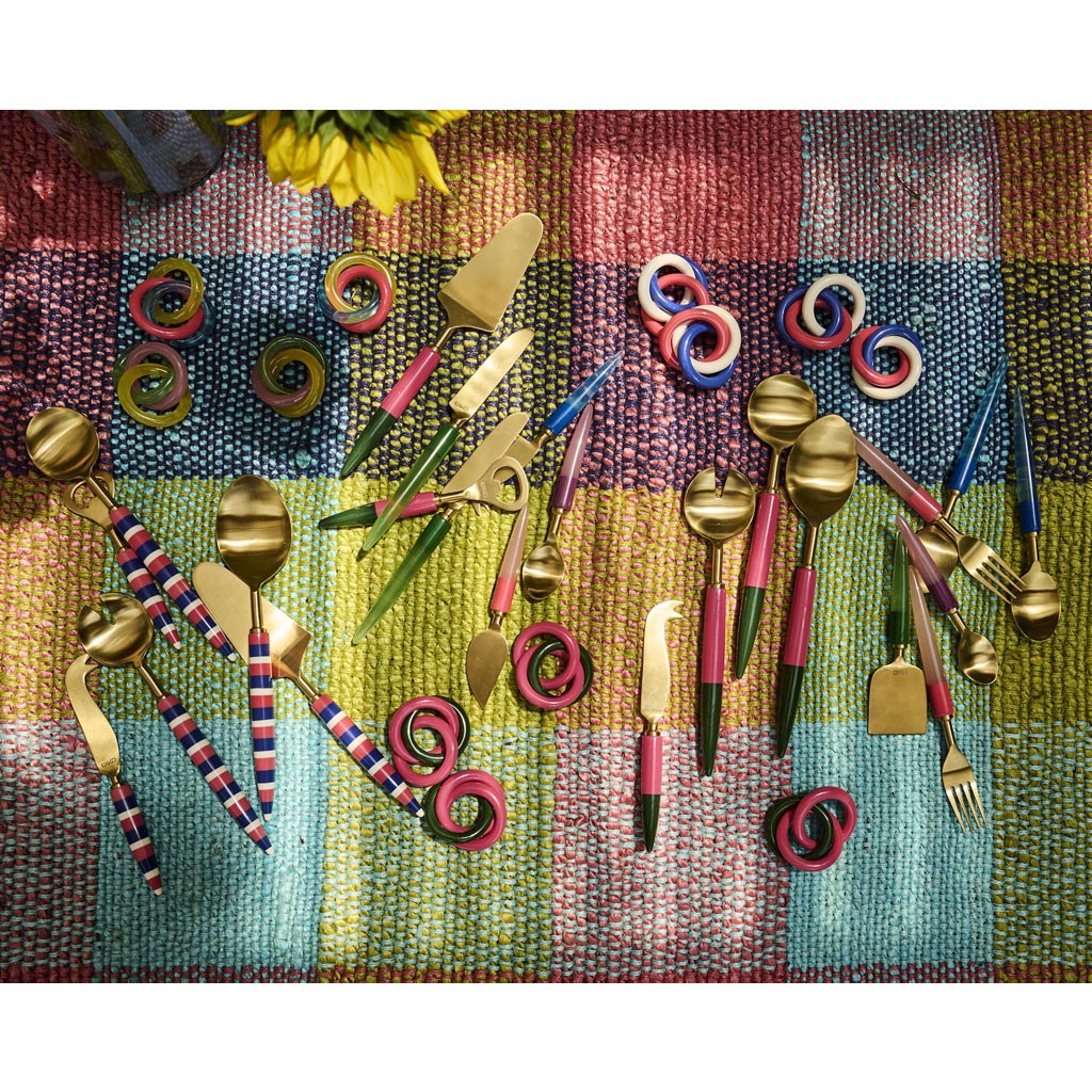 The image shows a set of salad servers, which typically includes a fork and a spoon designed for serving salads. These particular servers have a unique and artistic design, featuring a colorful and vibrant pattern reminiscent of Tuscan or Mediterranean styles. The handles are likely made of a durable material, possibly wood or metal, and are adorned with intricate, multicolored designs that add a touch of elegance and flair. The serving ends are polished and functional, suitable for tossing and serving sala