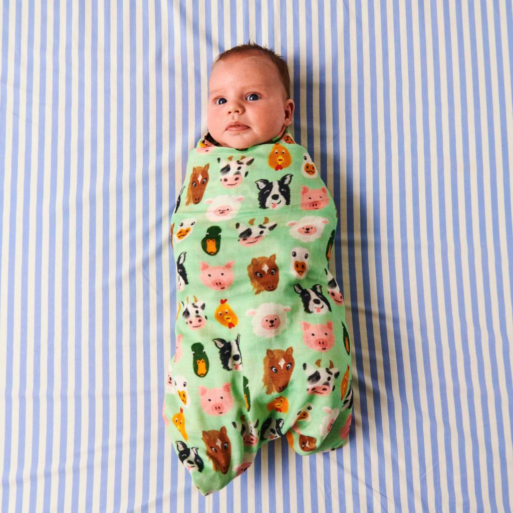 The image likely shows a cozy and colorful bamboo swaddle from Kip & Co's Farm Friends collection, designed for babies. The swaddle is made from eco-friendly materials and is available at Cove.