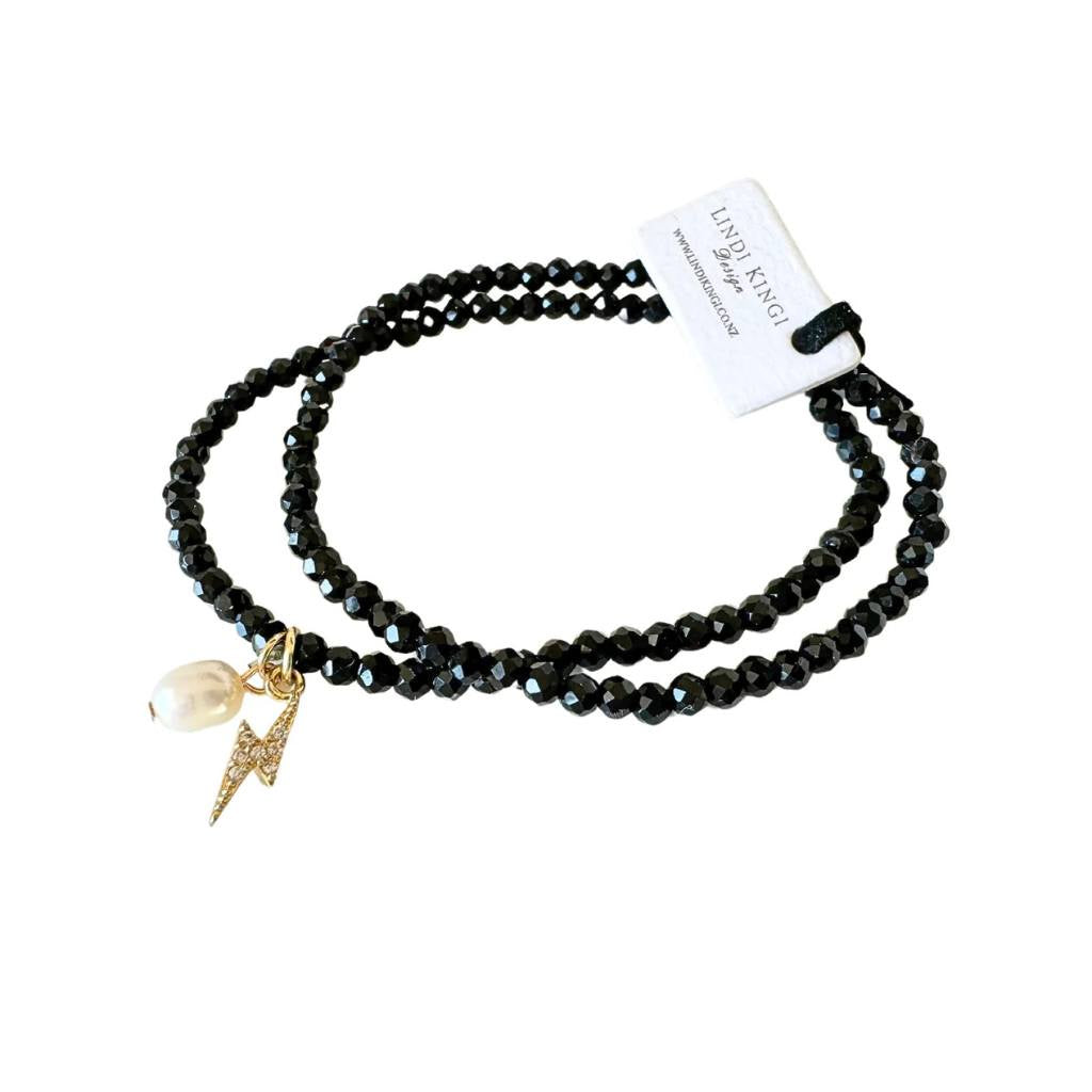 Lindi Kingi | Beaded Bracelet Set Black w Lightning Bolt &amp; Pearl