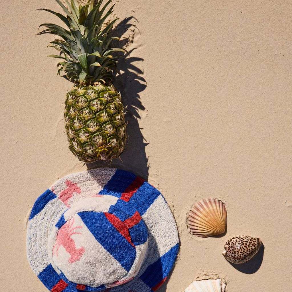 Lobster Fan Club hat on the sand with a pineapple and shells