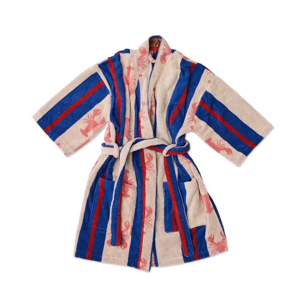 Kip & Co Lobster Fan Club terry mini bath robe with belt, laid flat
